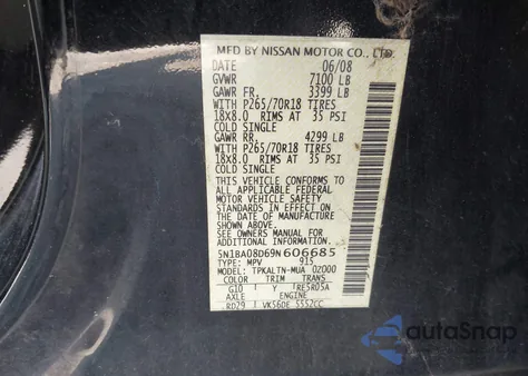 2009 Nissan Armada Se из США, поврежденный, VIN 5N1BA08D69N606685